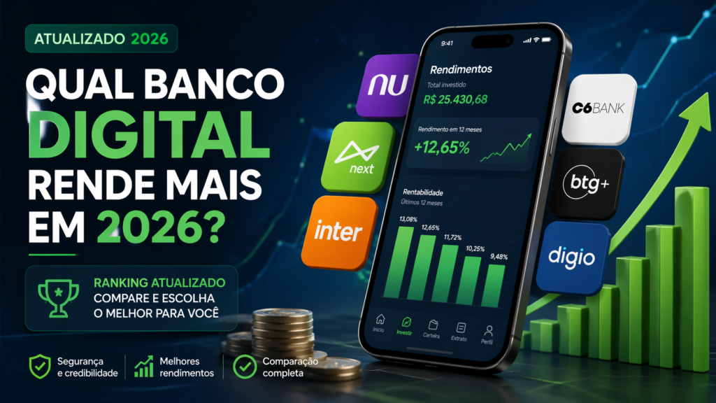 Veja qual banco digital rende mais em 2026, compare contas com maior rendimento, CDI, liquidez e escolha a melhor opção para seu dinheiro.