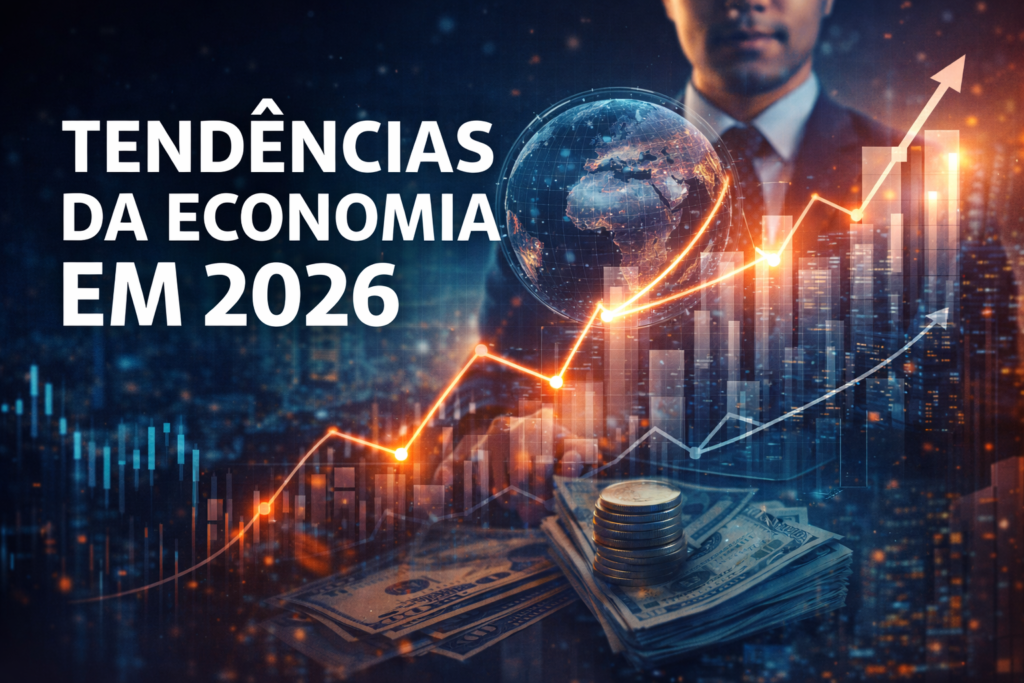 tendências da economia em 2026, com gráficos de alta, cidade moderna e elementos financeiros em azul e verde.