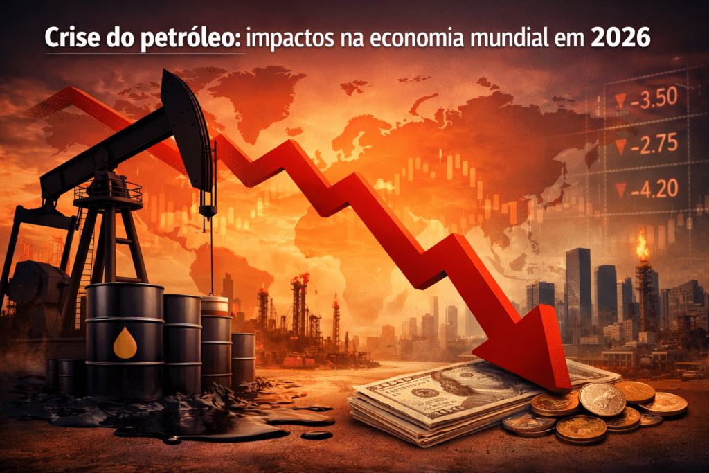 Crise do petróleo em 2026 e seus impactos na economia mundial, com queda do mercado financeiro, petróleo e inflação global