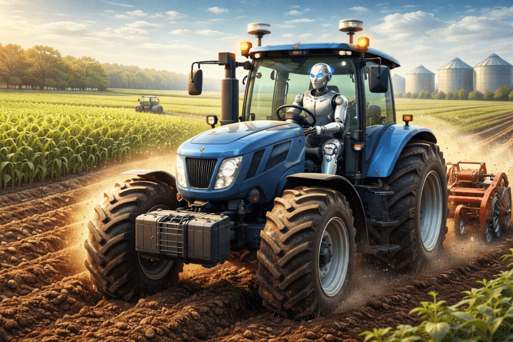 Inteligência artificial no agronegócio com robô dirigindo trator e automação no campo em 2026