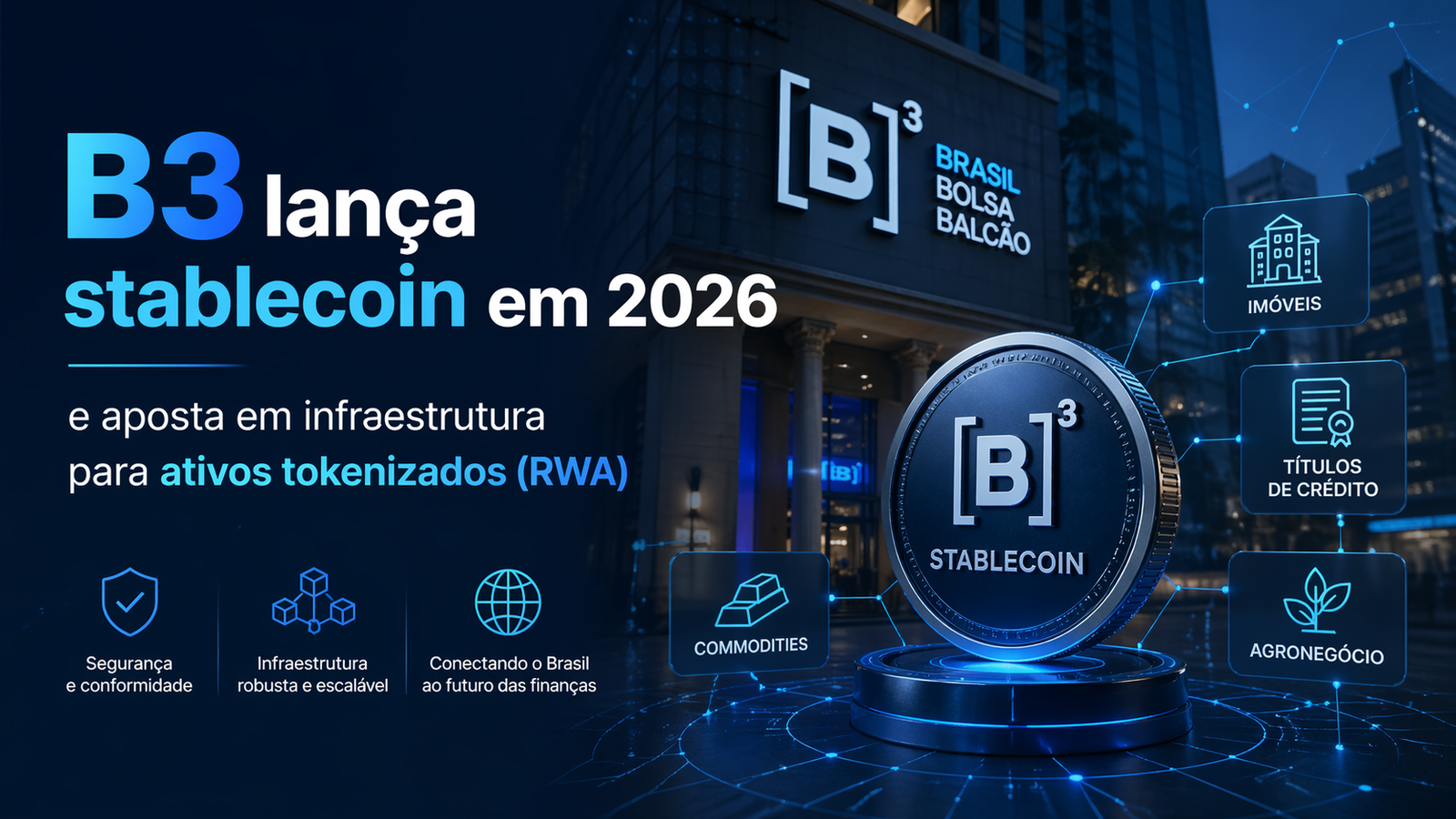 B3 lança stablecoin em 2026 e revela estratégia para se tornar infraestrutura de ativos tokenizados (RWA).