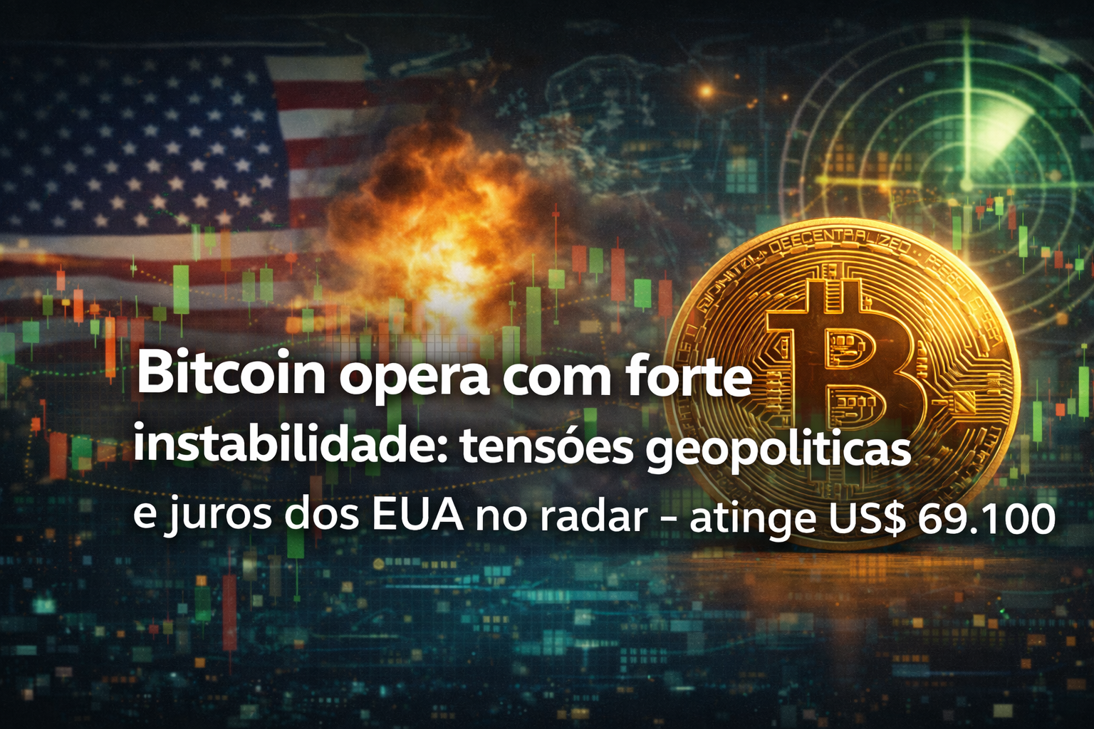 Bitcoin opera com forte instabilidade em 2026 com impacto de tensões geopolíticas e juros dos EUA atingindo 69100 dólares