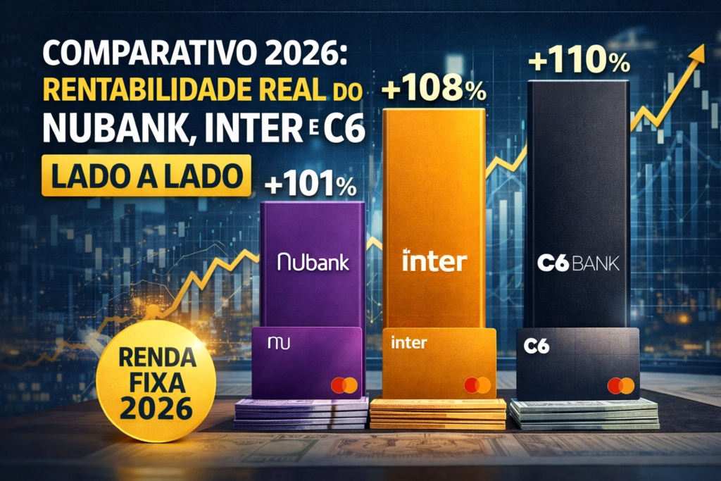 Comparativo 2026: rentabilidade real do Nubank, Inter e C6 lado a lado. Teste prático mostra qual rende mais na conta e no CDB.