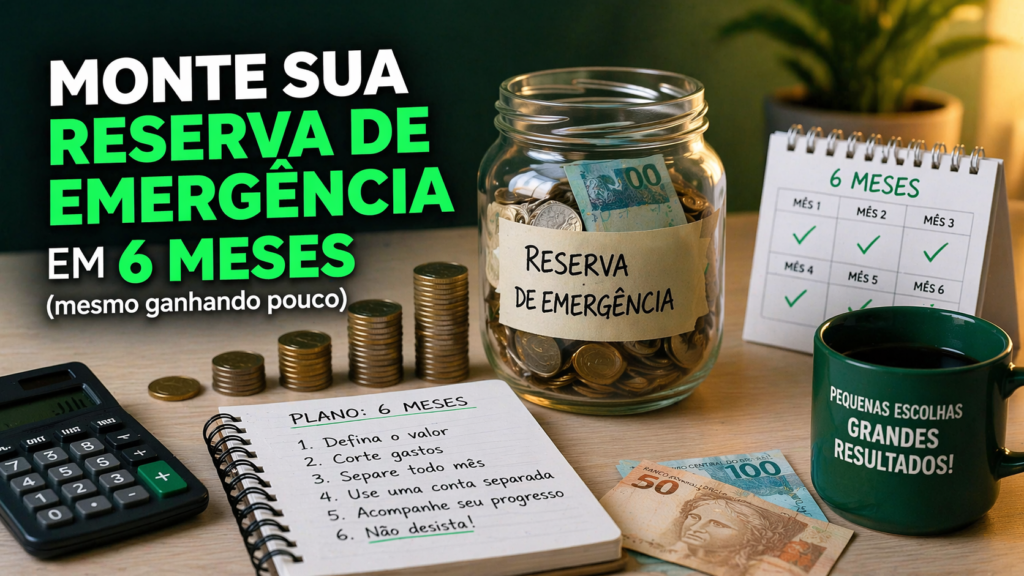 monte sua reserva de emergência em 6 meses mesmo ganhando pouco: guia completo 2026. Descubra quanto guardar, onde deixar o dinheiro rendendo e o passo a passo para começar hoje.
