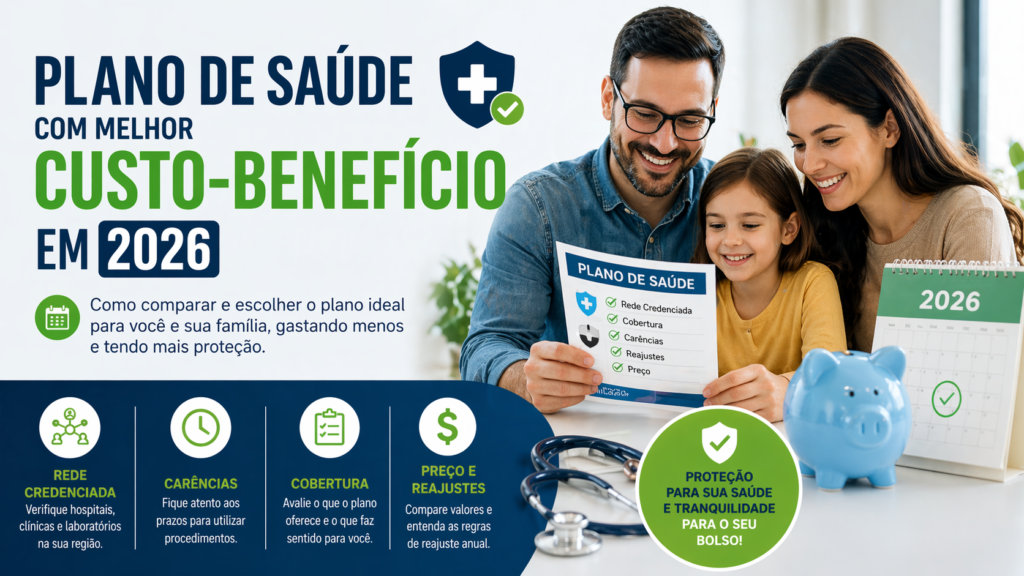 Aprenda como escolher um plano de saúde com melhor custo-benefício em 2026. Compare carência, rede credenciada, cobertura, reajustes e valores antes de contratar.