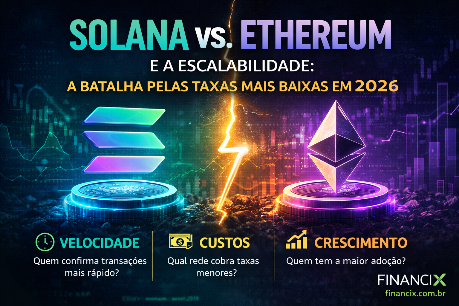Comparativo completo entre Solana e Ethereum e a escalabilidade de cada um: throughput, custos por transação, experiência do usuário (UX) e qual blockchain vence para o usuário final em 2026. Análise da equipe FinanciX.