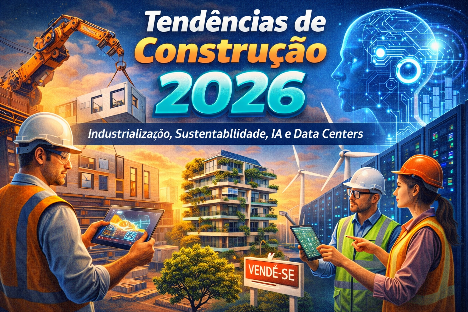 Tendências da construção em 2026 com industrialização, sustentabilidade, inteligência artificial e data centers impulsionando o setor imobiliário