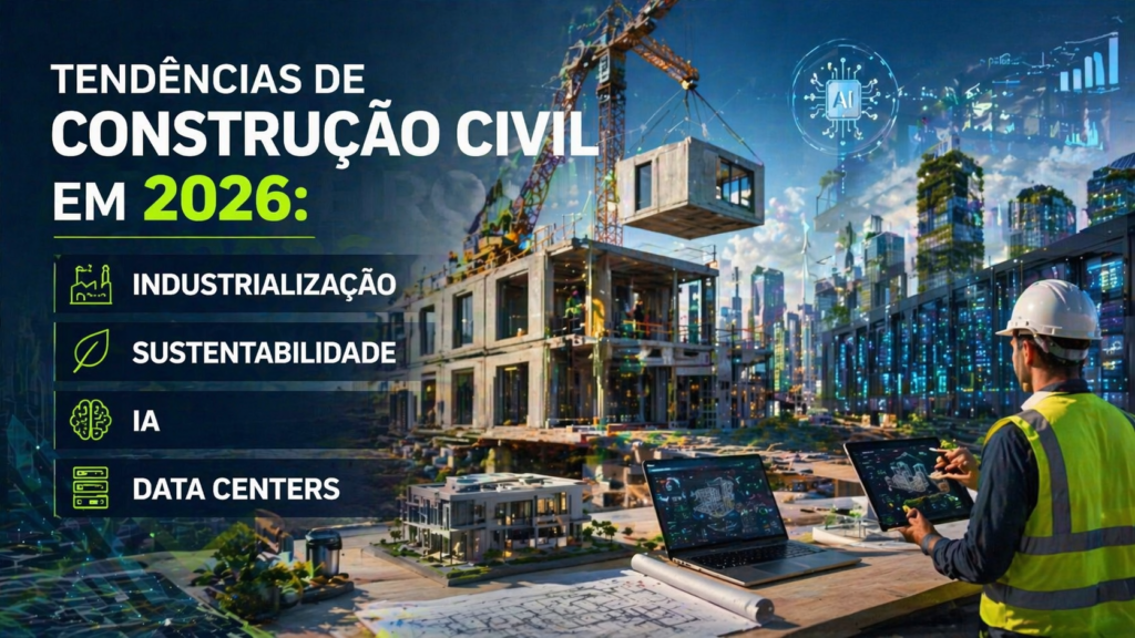 Tendências da construção civil em 2026: construção industrializada cresce 15%, IA revoluciona canteiros e data centers atraem R$15 bi. Análise Equipe Financix.