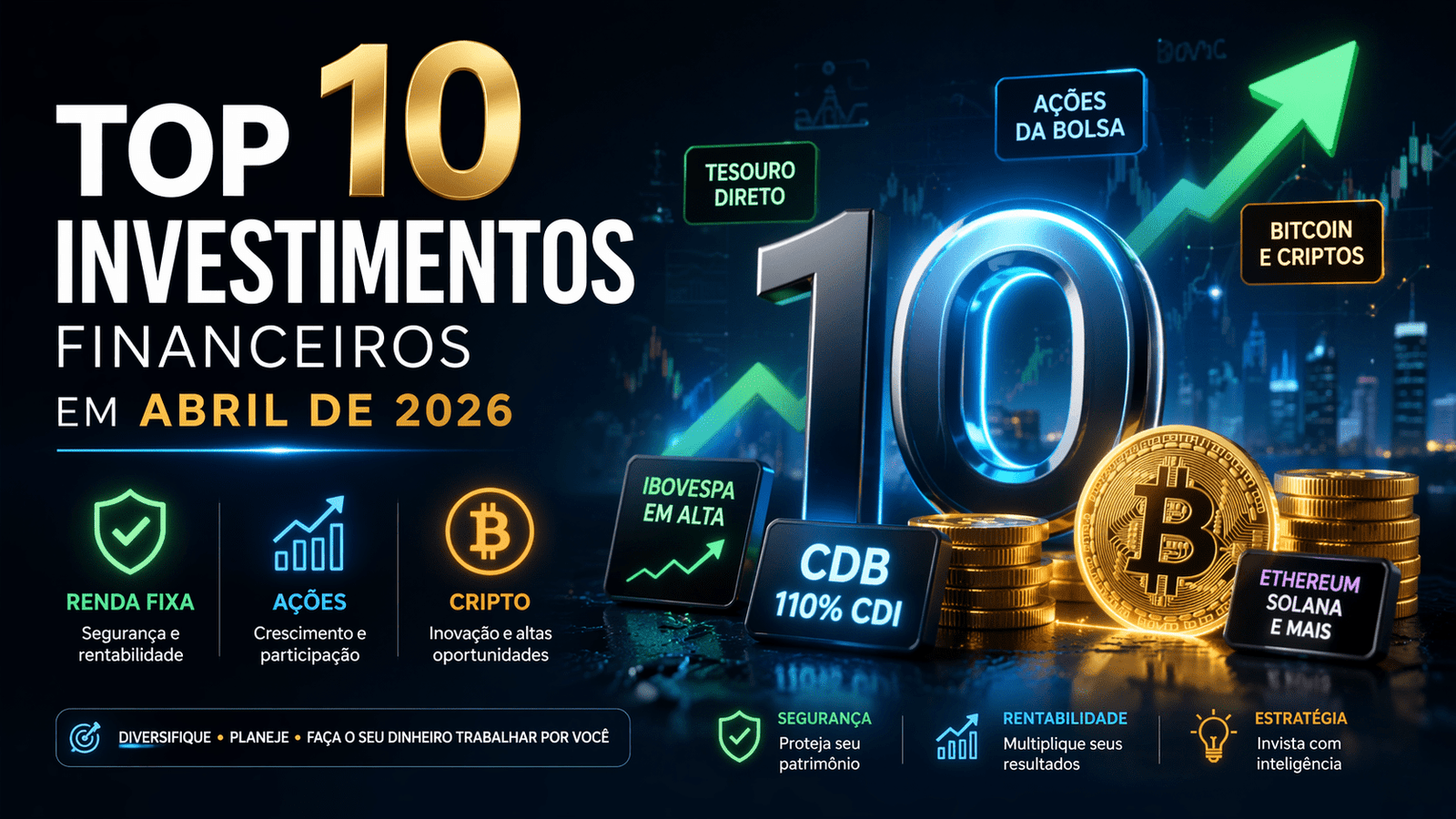 Confira o top 10 investimentos de abril de 2026: renda fixa, ações, fundos imobiliários e criptomoedas. Onde alocar seu dinheiro agora?