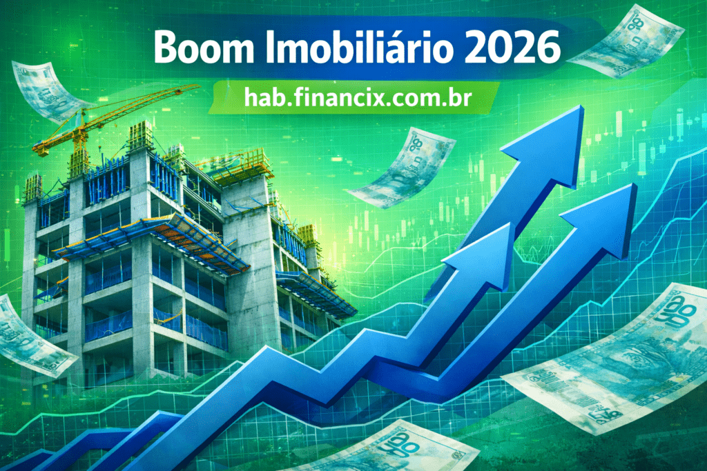 Boom imobiliário em 2026 com prédios residenciais modernos e skyline urbano em destaque