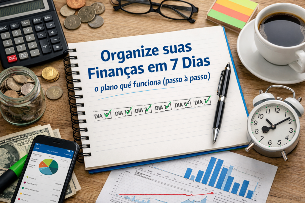 Organize suas finanças em 7 dias: o plano que funciona (passo a passo). Desafio prático para sair do vermelho, cortar gastos e criar reserva de emergência.