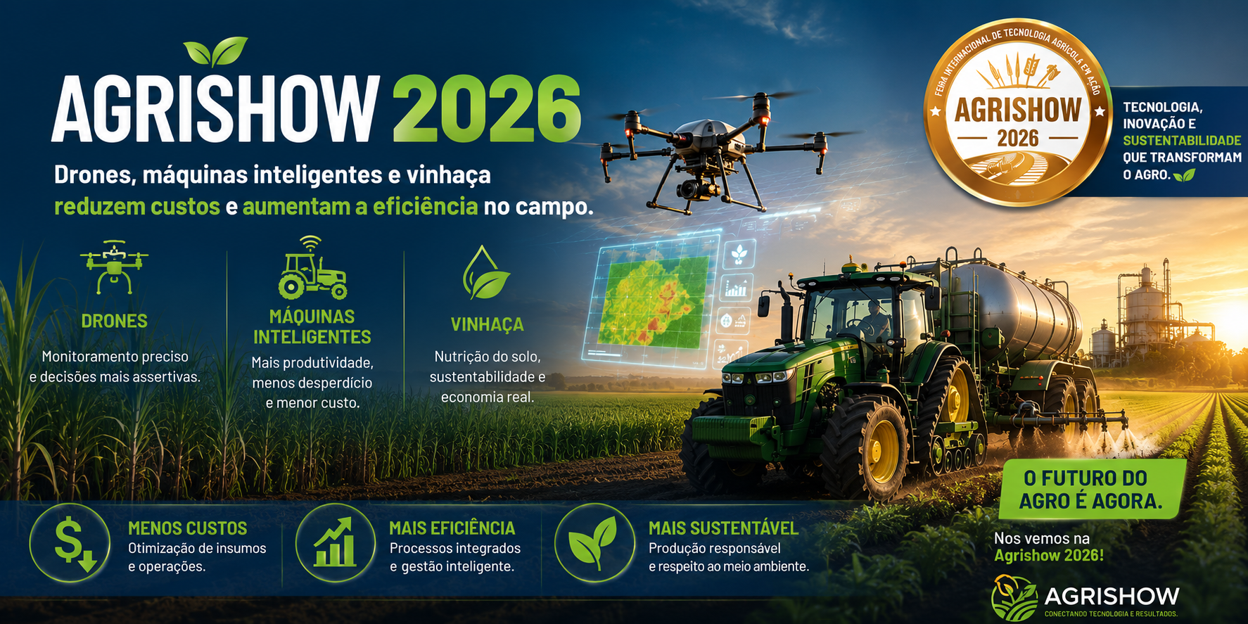Agrishow 2026: drones, máquinas inteligentes e vinhaça, reduzem custos e aumentam a eficiência no campo. Tecnologia para produzir mais com menos.