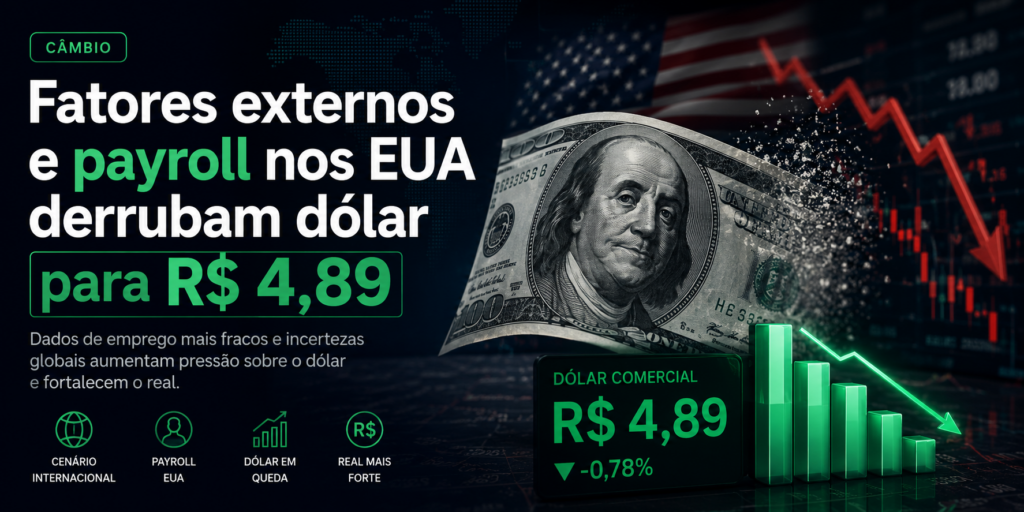 O dólar comercial fechou em queda firme nesta sessão, cotado a R$ 4,89, renovando A moeda americana foi pressionada por fatores externos e payroll nos EUA.