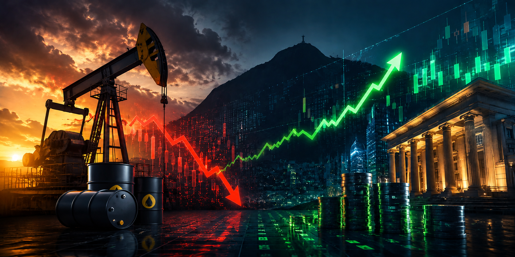 Ibovespa: dualidade marca pregão. PETR4 cai 2,4% com petróleo fraco; BBAS3 e grandes bancos sustentam alta. Entenda a dinâmica.