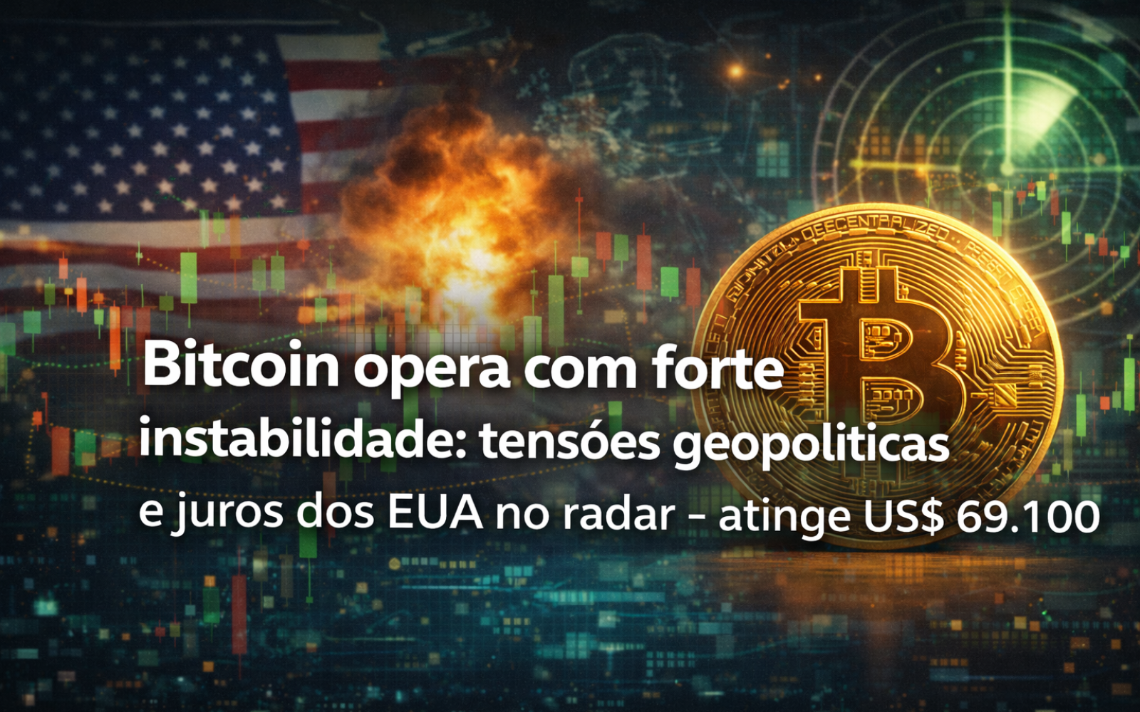 Bitcoin opera com forte instabilidade em 2026 com impacto de tensões geopolíticas e juros dos EUA atingindo 69100 dólares
