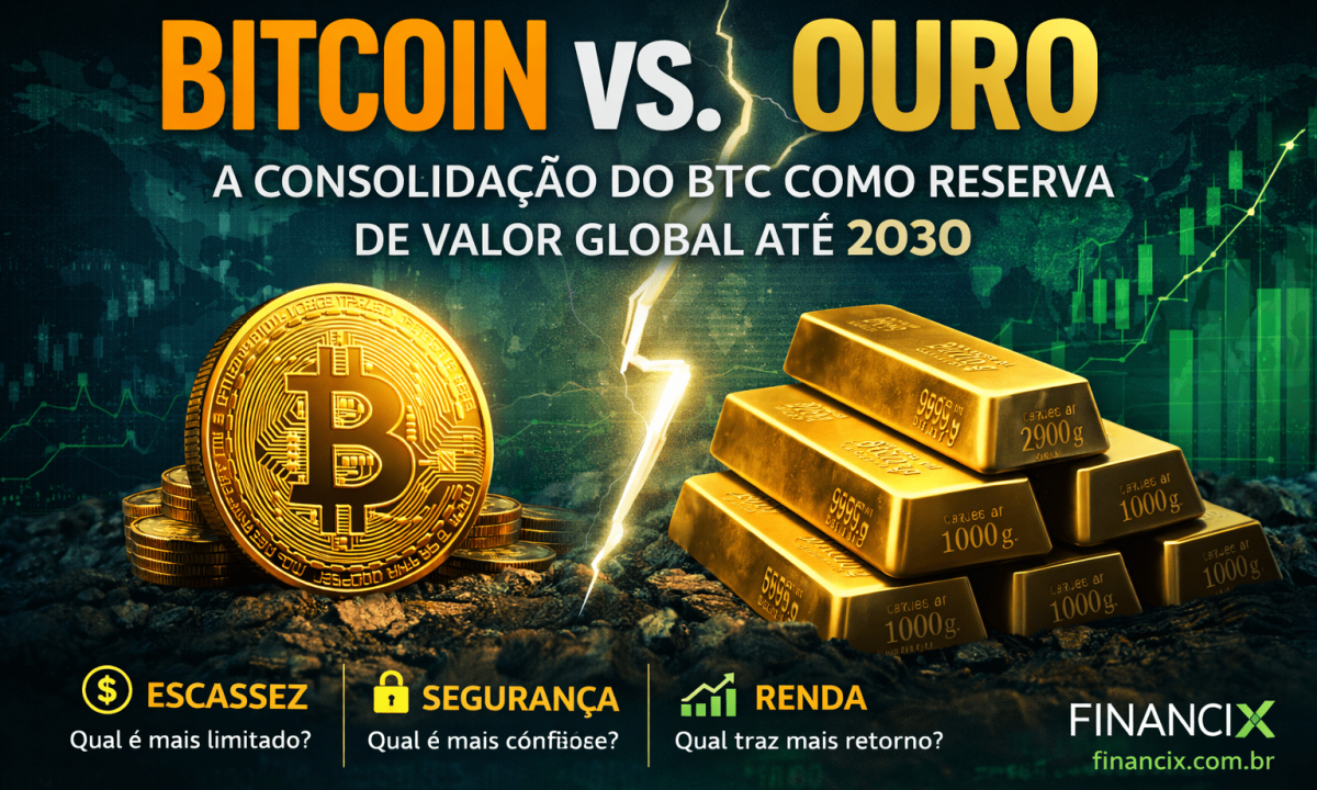 Bitcoin vs. Ouro: A consolidação do BTC como reserva de valor global e a projeção de atingir 25% da capitalização do ouro até 2030