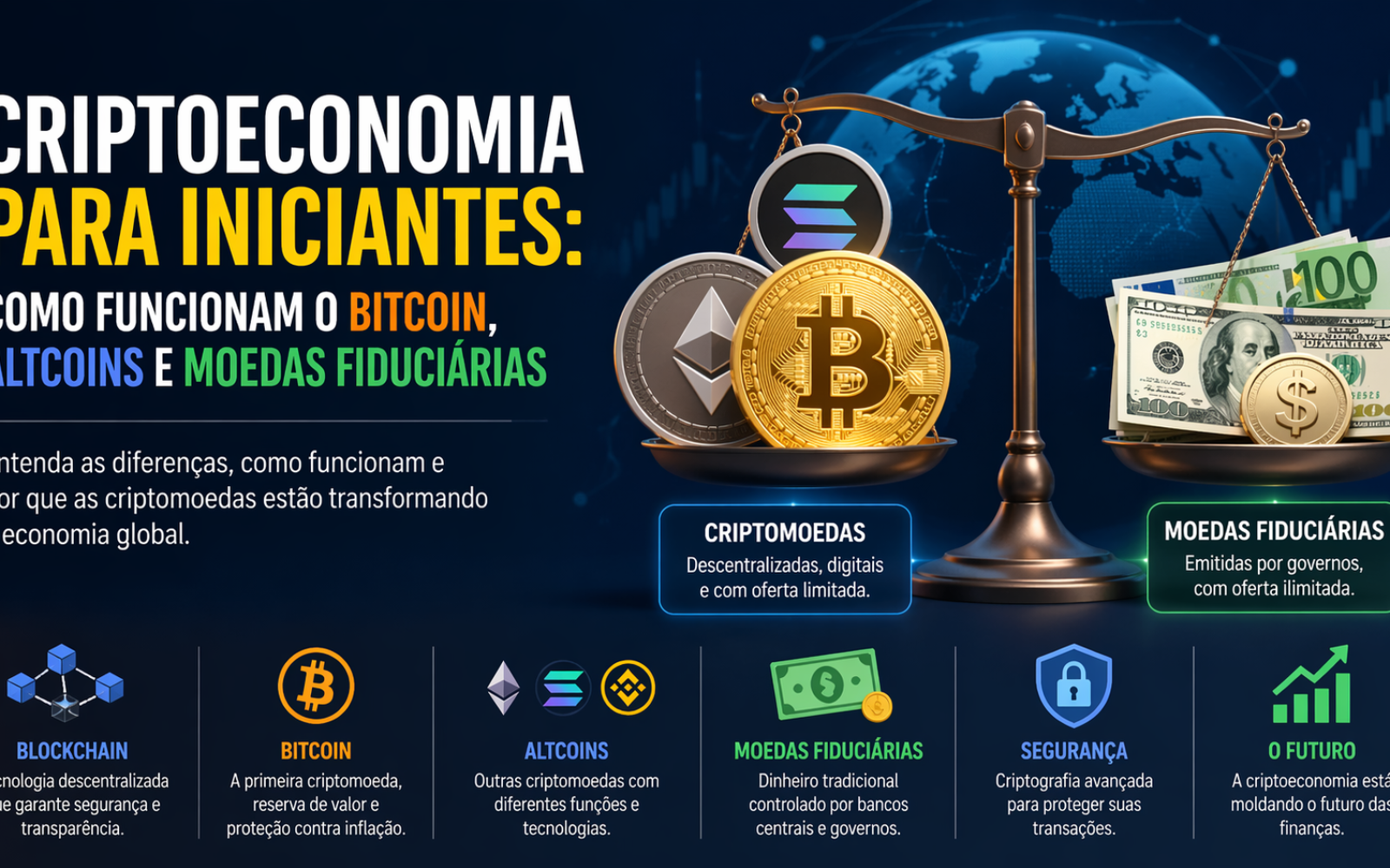Entenda o que é criptoeconomia, como funcionam o Bitcoin, altcoins e moedas fiduciárias. Aprenda as diferenças entre dinheiro tradicional e criptomoedas em um guia completo para iniciantes.