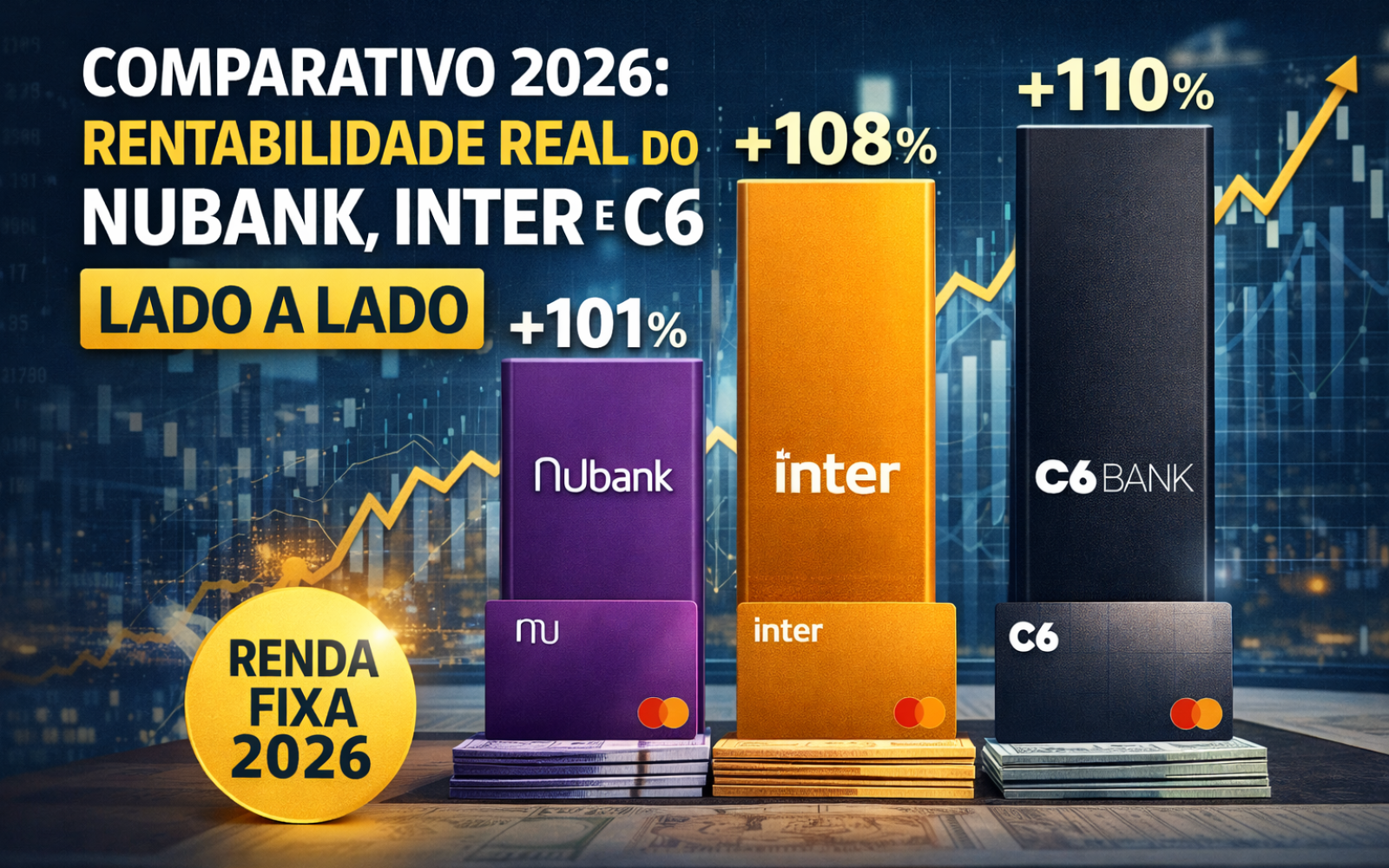 Comparativo 2026: rentabilidade real do Nubank, Inter e C6 lado a lado. Teste prático mostra qual rende mais na conta e no CDB.