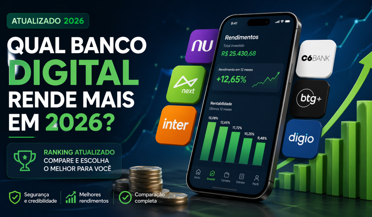 Veja qual banco digital rende mais em 2026, compare contas com maior rendimento, CDI, liquidez e escolha a melhor opção para seu dinheiro.