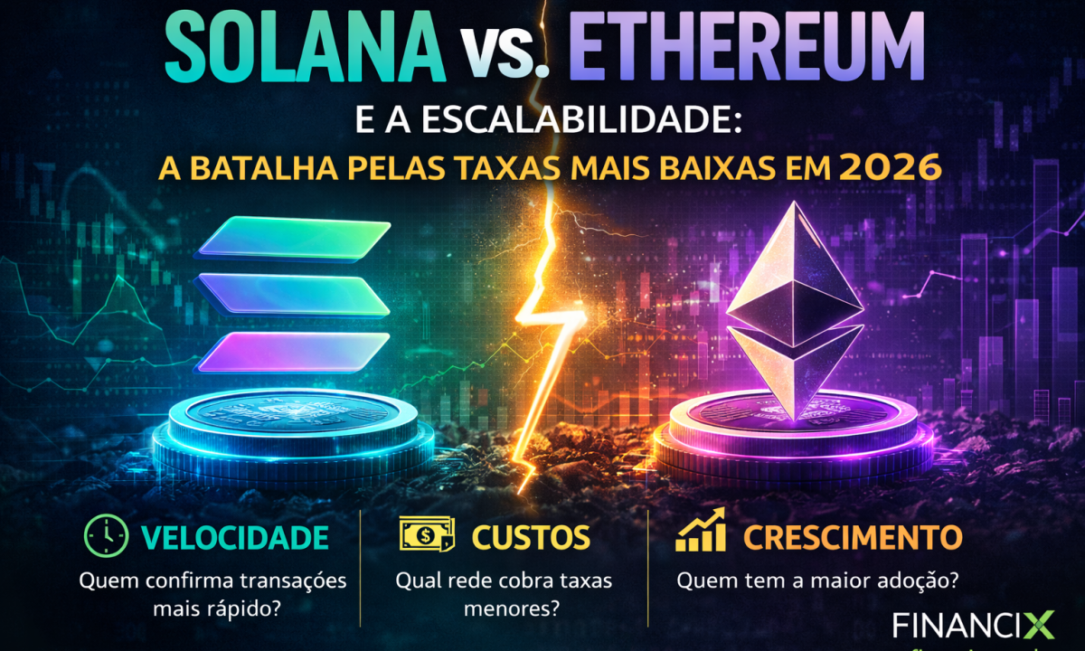Comparativo completo entre Solana e Ethereum e a escalabilidade de cada um: throughput, custos por transação, experiência do usuário (UX) e qual blockchain vence para o usuário final em 2026. Análise da equipe FinanciX.