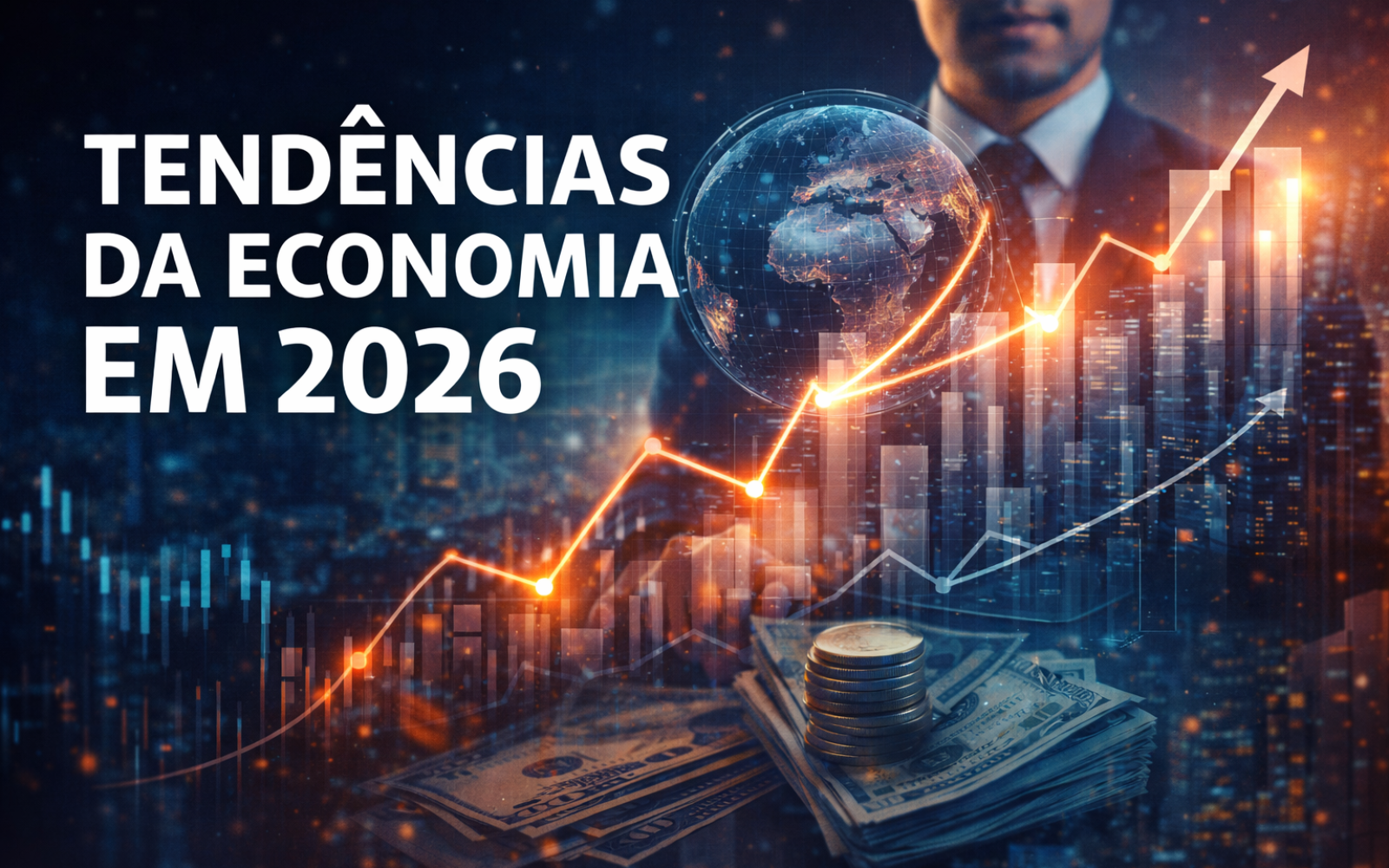 tendências da economia em 2026, com gráficos de alta, cidade moderna e elementos financeiros em azul e verde.