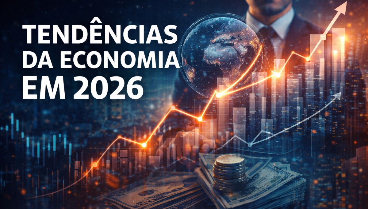 tendências da economia em 2026, com gráficos de alta, cidade moderna e elementos financeiros em azul e verde.