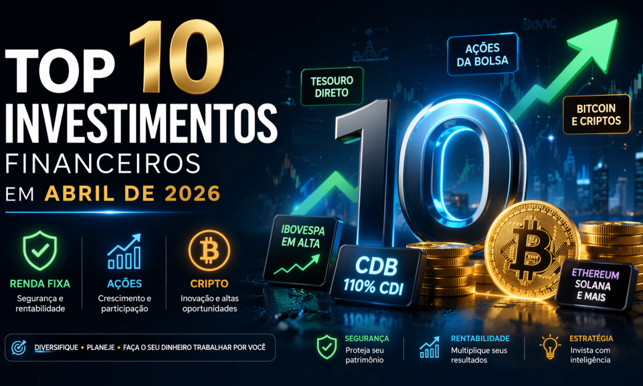 Confira o top 10 investimentos de abril de 2026: renda fixa, ações, fundos imobiliários e criptomoedas. Onde alocar seu dinheiro agora?