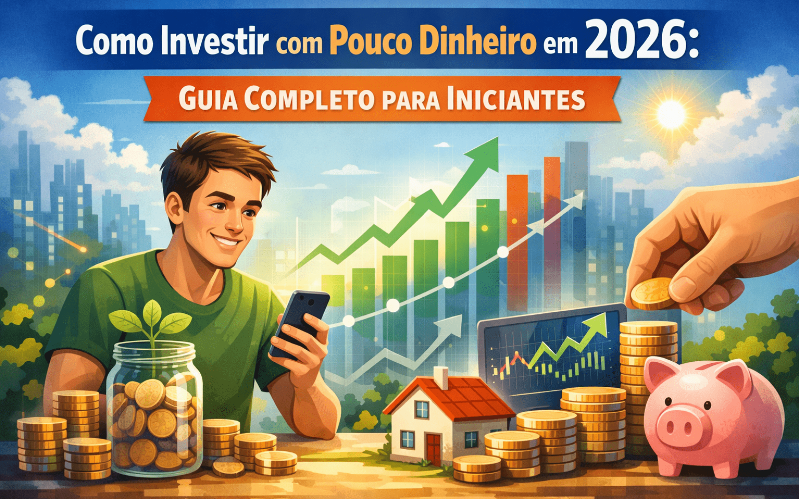 como investir com pouco dinheiro em 2026 para iniciantes com gráficos financeiros e crescimento de patrimônio