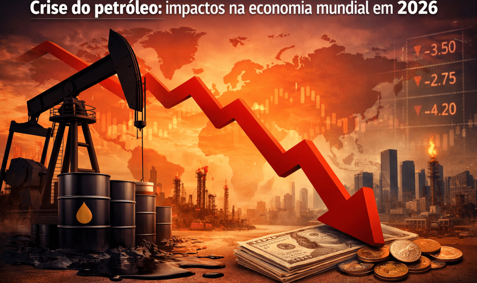Crise do petróleo em 2026 e seus impactos na economia mundial, com queda do mercado financeiro, petróleo e inflação global