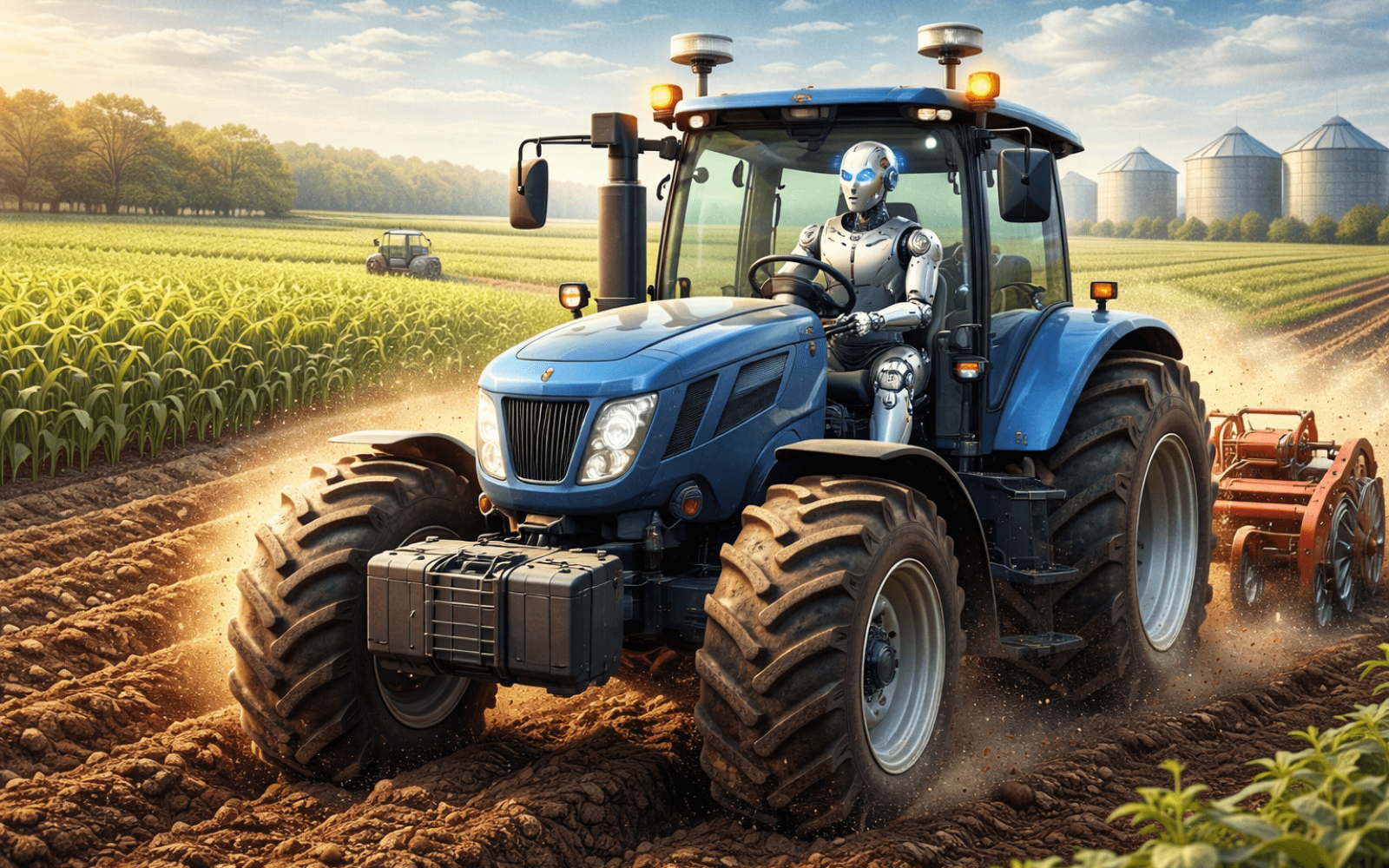 Inteligência artificial no agronegócio com robô dirigindo trator e automação no campo em 2026