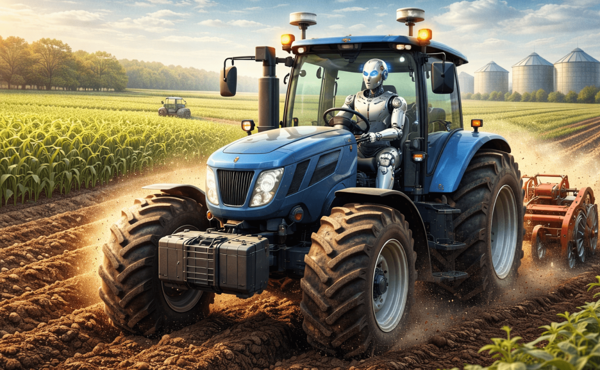 Inteligência artificial no agronegócio com robô dirigindo trator e automação no campo em 2026