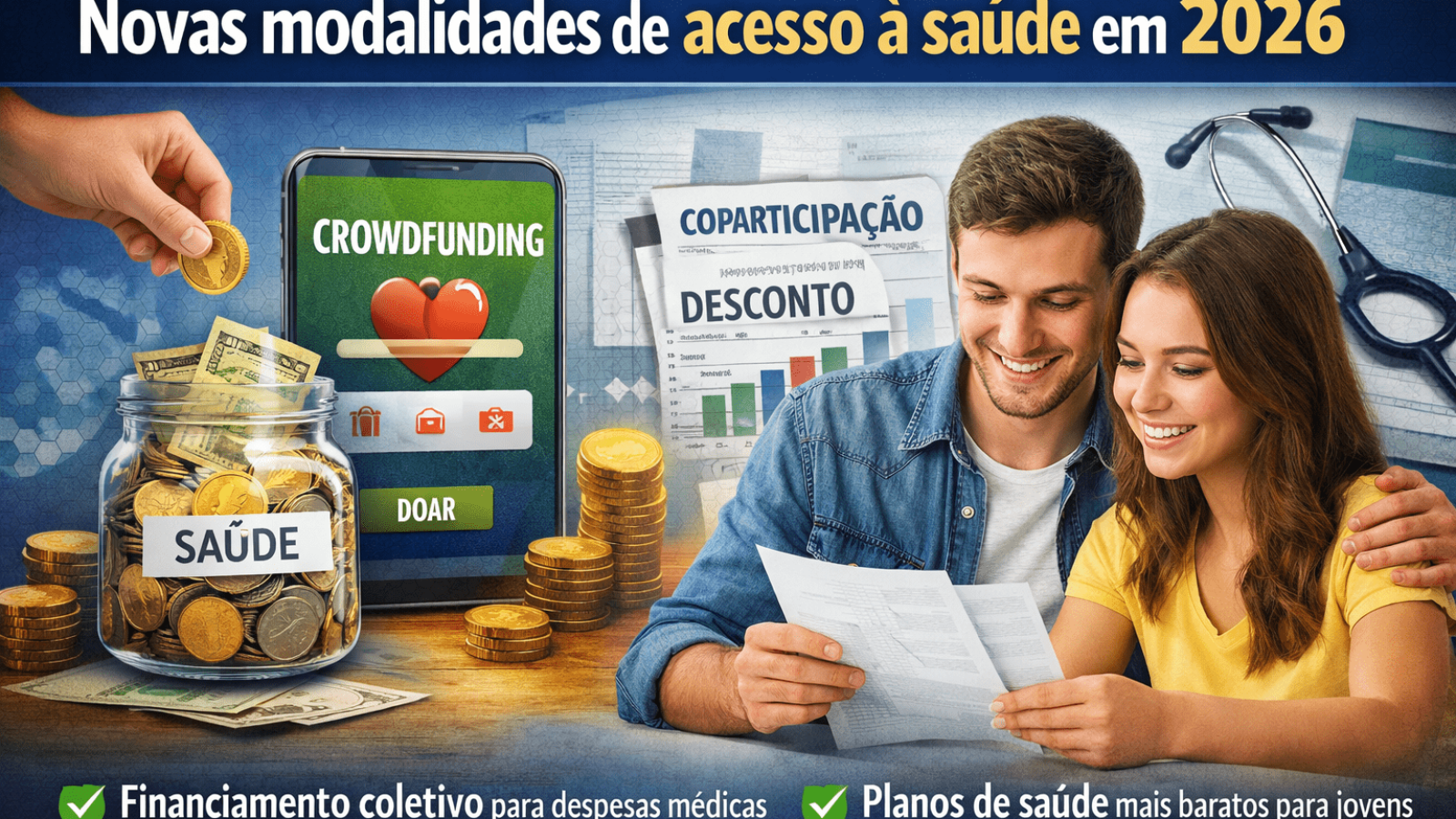 Novas modalidades de acesso à saúde em 2026 com crowdfunding para despesas médicas e planos com coparticipação mais baratos para jovens