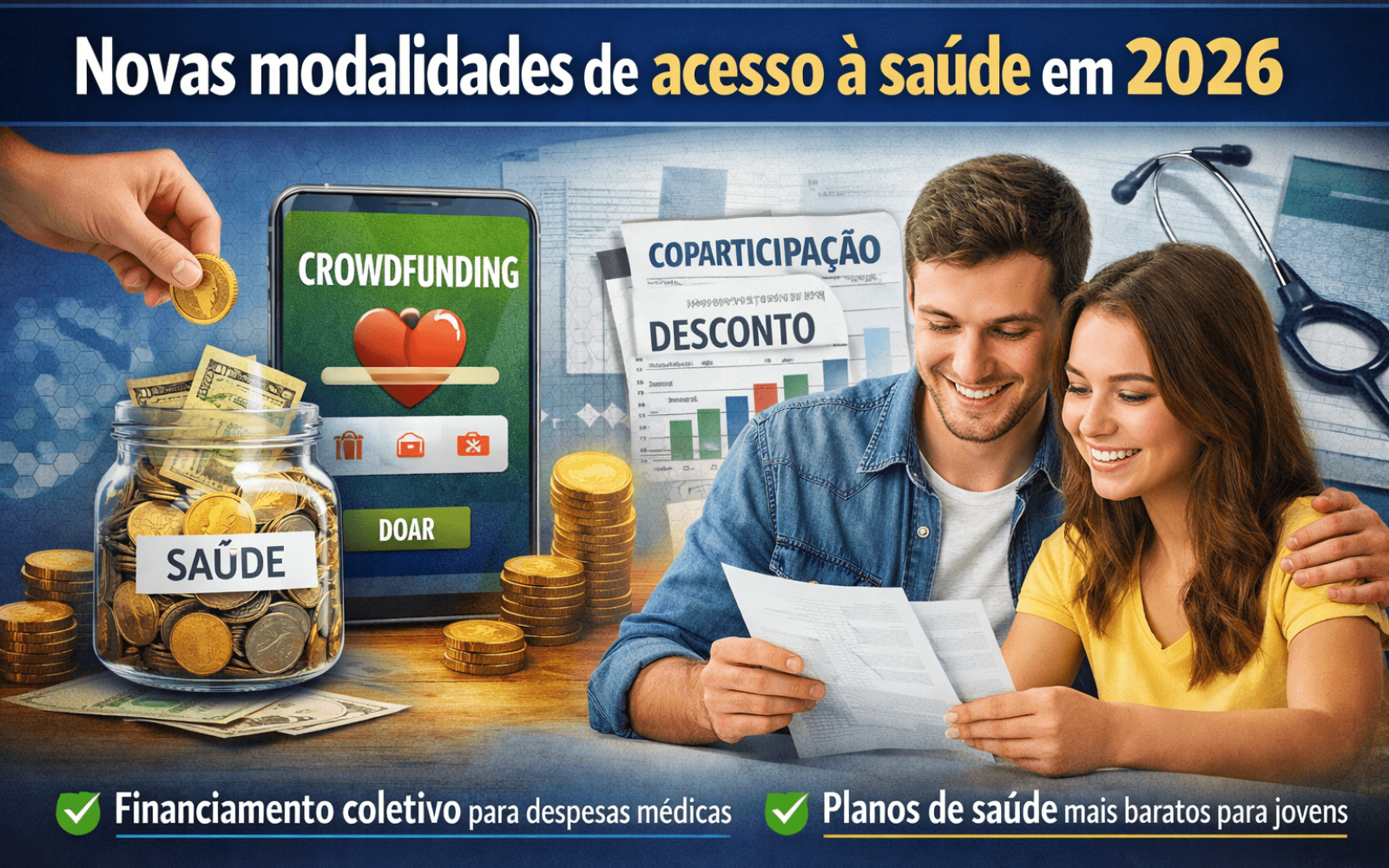 Novas modalidades de acesso à saúde em 2026 com crowdfunding para despesas médicas e planos com coparticipação mais baratos para jovens