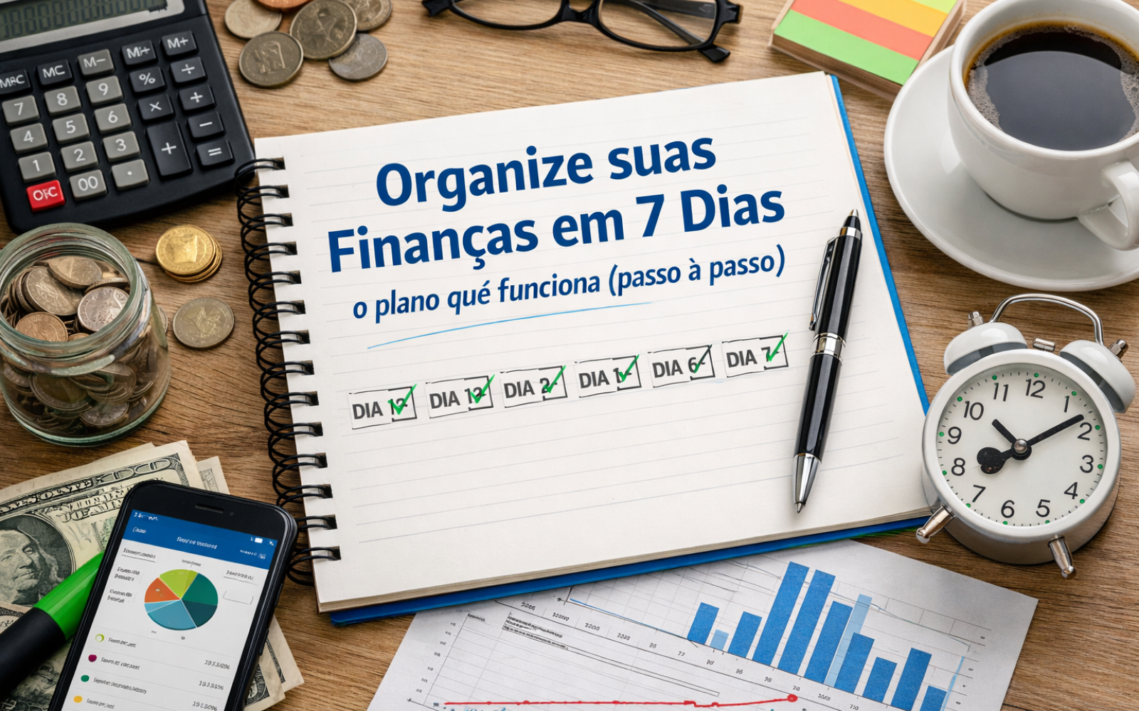 Organize suas finanças em 7 dias: o plano que funciona (passo a passo). Desafio prático para sair do vermelho, cortar gastos e criar reserva de emergência.