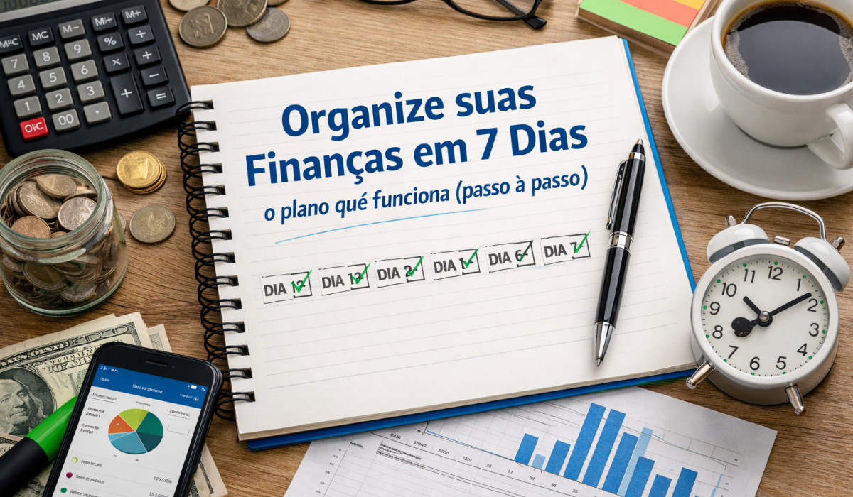 Organize suas finanças em 7 dias: o plano que funciona (passo a passo). Desafio prático para sair do vermelho, cortar gastos e criar reserva de emergência.